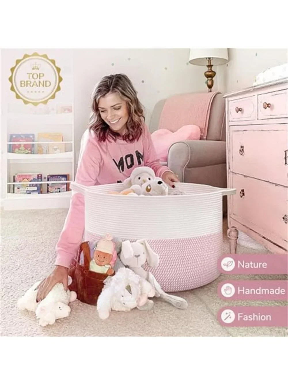 New XXXLarge Woven Rope Blanket Basket Living Room Pink, 90L